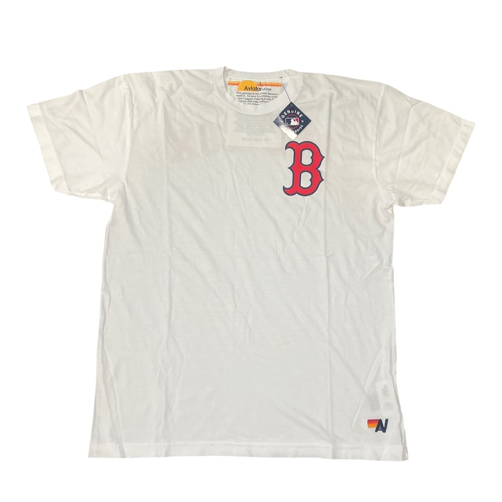 Aviator Nation White Tee with Red Lettering and Blue Logo